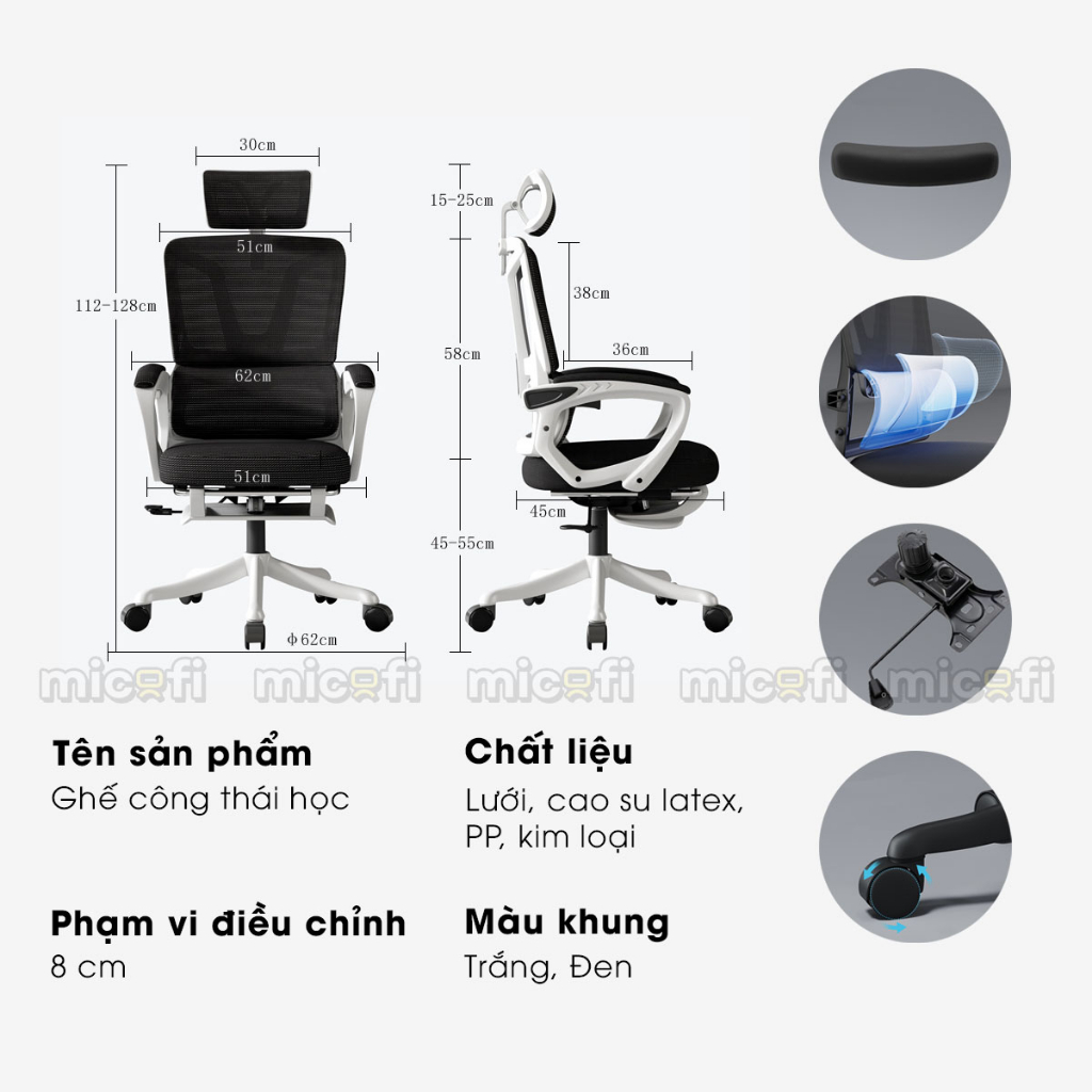 Ghế Văn Phòng Micofi Công Thái Học Lưới Xoay Có Tựa Lưng, Tựa Đầu 2D, Ngả Lưng 135 Độ Học Bài, Làm Việc
