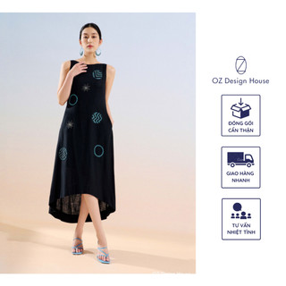 Đầm maxi OZ Design House DA03970RST23 linen thêu đính họa tiết tròn màu đen
