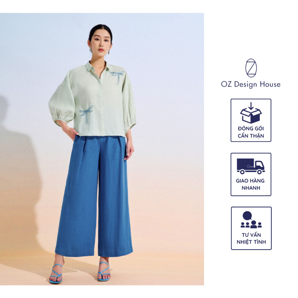 Áo sơ mi nữ OZ Design House AO03445AUT23 linen tưng thêu chuồn chuồn màu xanh bạc hà