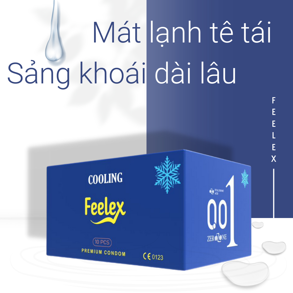 Bao cao su OZO Feelex 0.01 xanh siêu mỏng, mát lạnh nhiều gel hộp 10 bcs - olo store