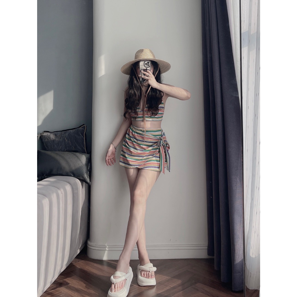 SET BIKINI MẸ BÉ KẺ NGANG CẦU VỒNG