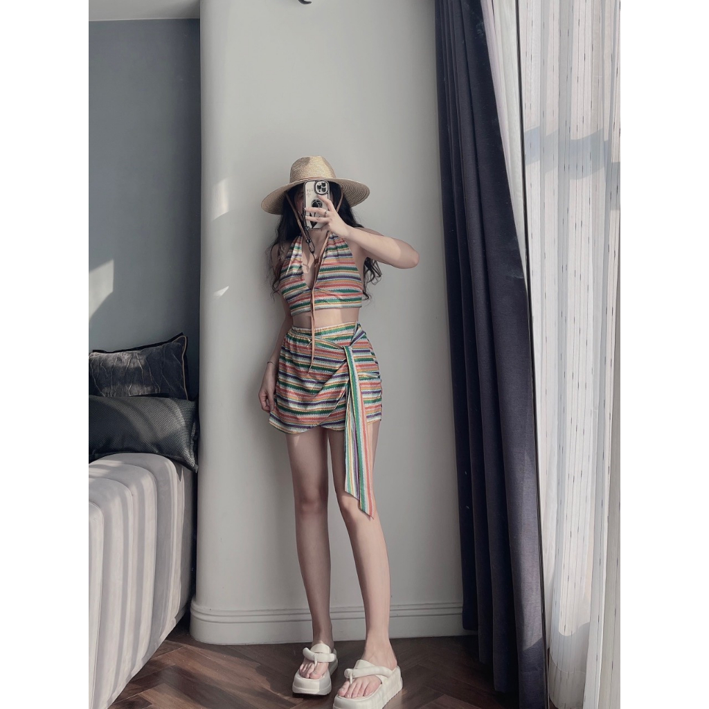 SET BIKINI MẸ BÉ KẺ NGANG CẦU VỒNG