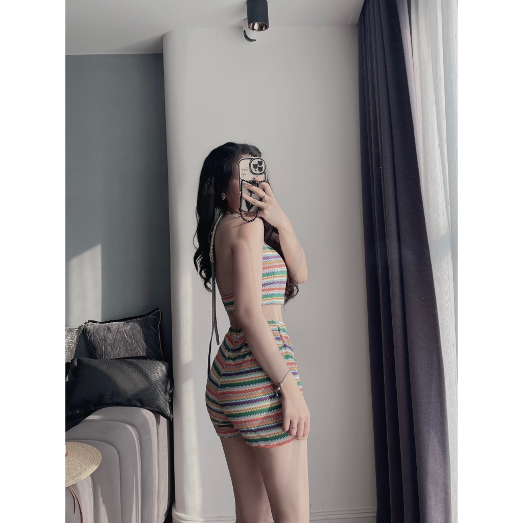 SET BIKINI MẸ BÉ KẺ NGANG CẦU VỒNG