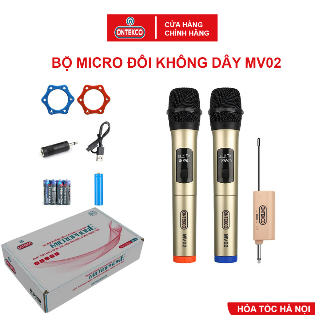 Bộ Micro Không dây Karaoke ONTEKCO MV02 Chính hãng, hút âm, chống hú-Chuyên dùng cho amply, loa kéo đa năng