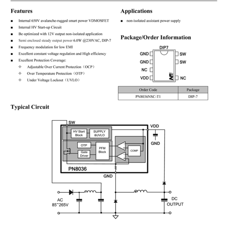 IC nguồn xung tích hợp PN8036 DIP-7 chính hãng