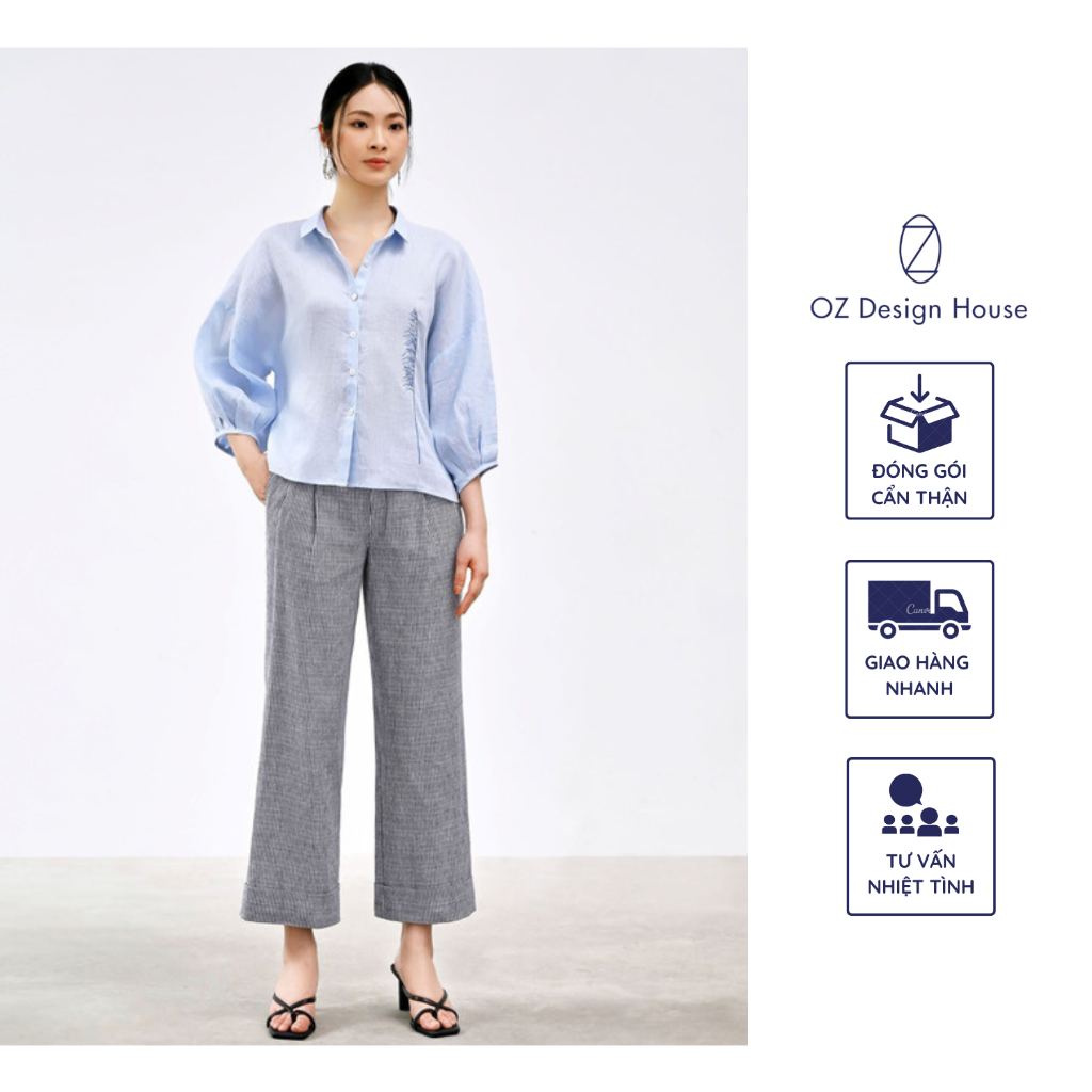 Áo sơ mi nữ OZ Design House AO03444AUT23 linen tưng thêu cành lau màu xanh nhạt