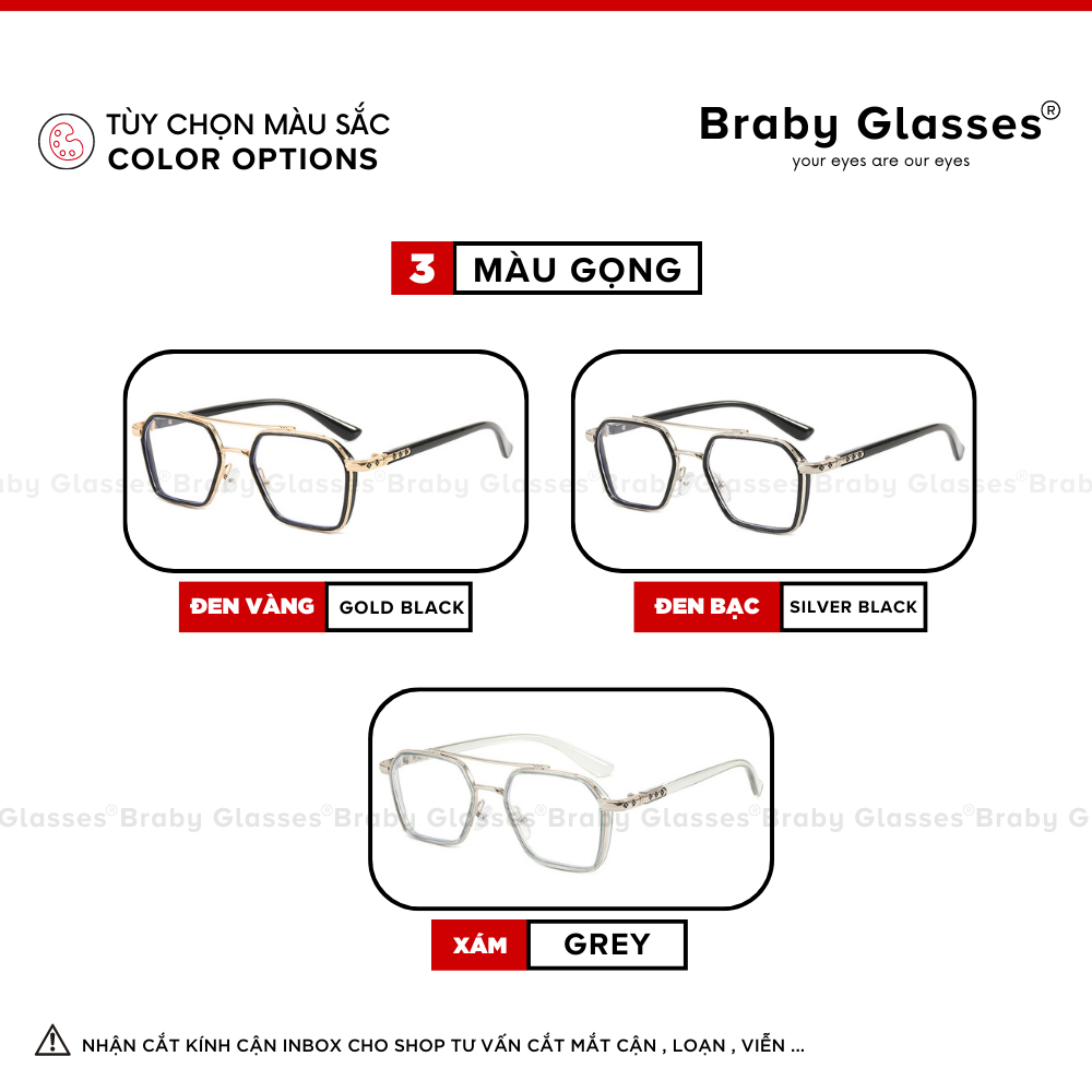 Gọng kính cận đa giác nam nữ Braby Glasses thiết kế đăc biệt 2 cầu kim loại mảnh trong suốt tinh tế MK34