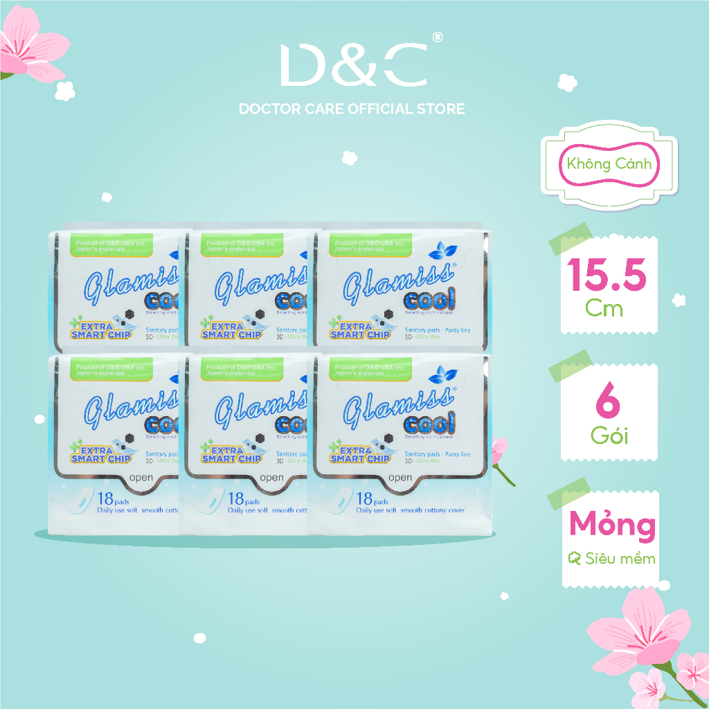 Combo 6 gói Băng vệ sinh thảo dược Glamiss Cool Extra hàng ngày nhỏ gọn