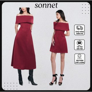 Đầm thiết kế cao cấp body trễ vai tiểu thư sang chảnh dáng dài màu đỏ đô_ Jo Dress váy dài váy xòe dài đỏ đô sáng da