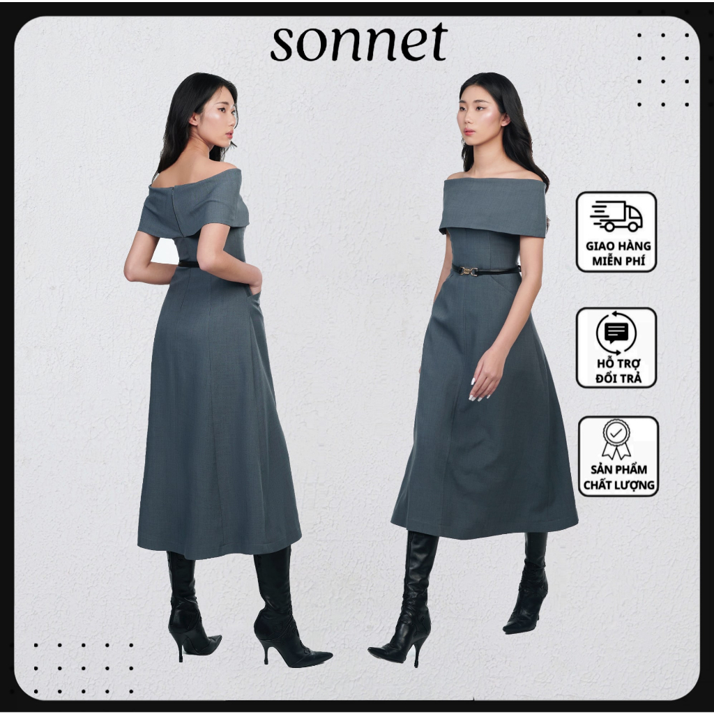 Đầm thiết kế cao cấp Jo Dress thương hiệu Sonnet váy dài body trễ vai tiểu thư sang chảnh dáng dài xanh ghi thần thái