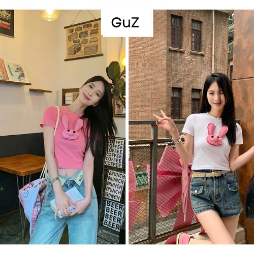 Áo croptop ôm body nữ tay ngắn, áo thun babytee thỏ đáp nổi bozip co dãn phong cách Hàn Quốc GUZ