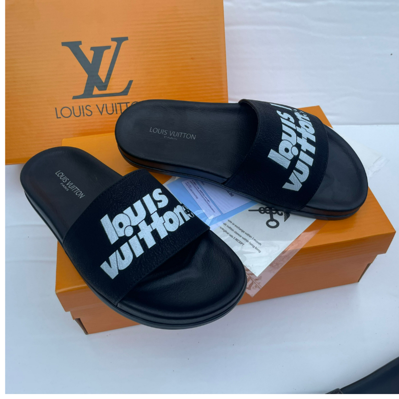 Dép Nam LV Quai Ngang Màu Đen Kẻ Ô Vuông Đế Đúc Cao Su Non Đi Êm Chân Kiểu Dáng Thời Trang Năng Động