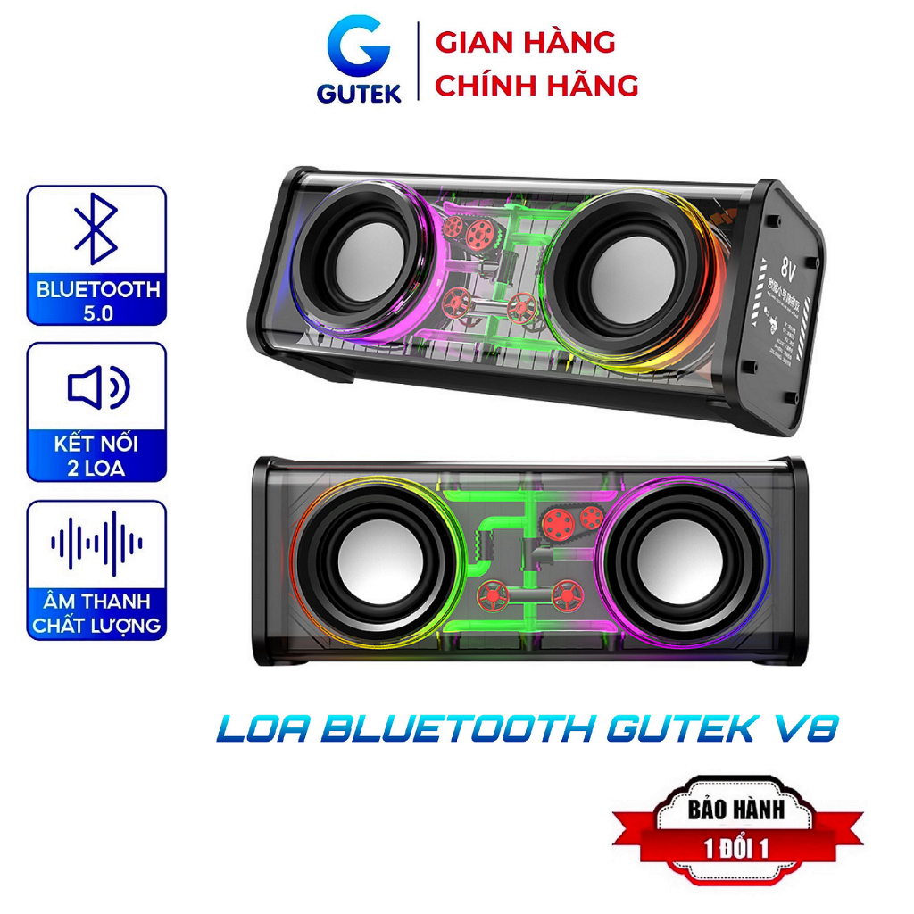 Loa bluetooth bass mạnh Gutek V8 nghe nhạc không dây vỏ trong suốt kết nối tws 2 loa hỗ trợ usb thẻ nhớ tf