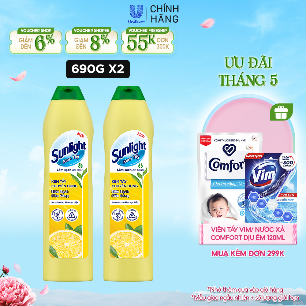 Combo 2 Kem tẩy chuyên dụng Sunlight|Phiên bản nâng cấp từ Cif|Siêu sạch Siêu sáng|Chai 690g