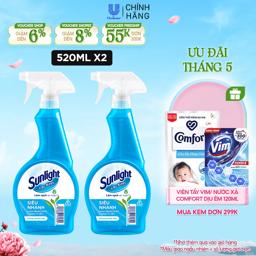Combo 2 Nước lau kính Sunlight Siêu nhanh|Phiên bản nâng cấp từ Cif|Sạch trong suốt, không tỳ vết|Chai 520ml