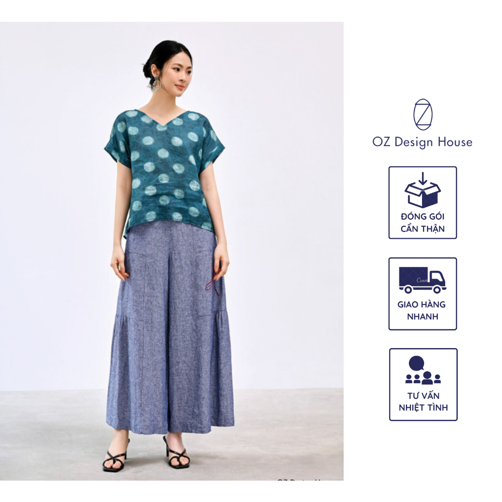 Áo nữ OZ Design House AO45448SUM23 linen tưng cổ tim tay liền in hình tròn trắng màu xanh chàm