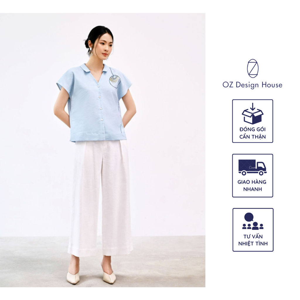 Áo nữ OZ Design House AO03348XHE23 thô Hàn cổ nam không chân thêu trang trí màu xanh nhạt
