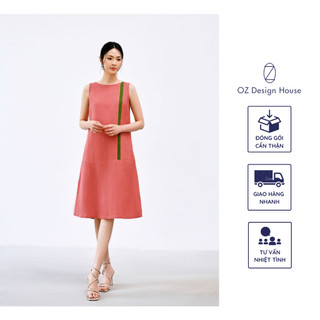 Đầm nữ OZ Design House DA08911XHE23 linen lụa cổ tròn dáng suôg màu cam nhạt phối xanh lá