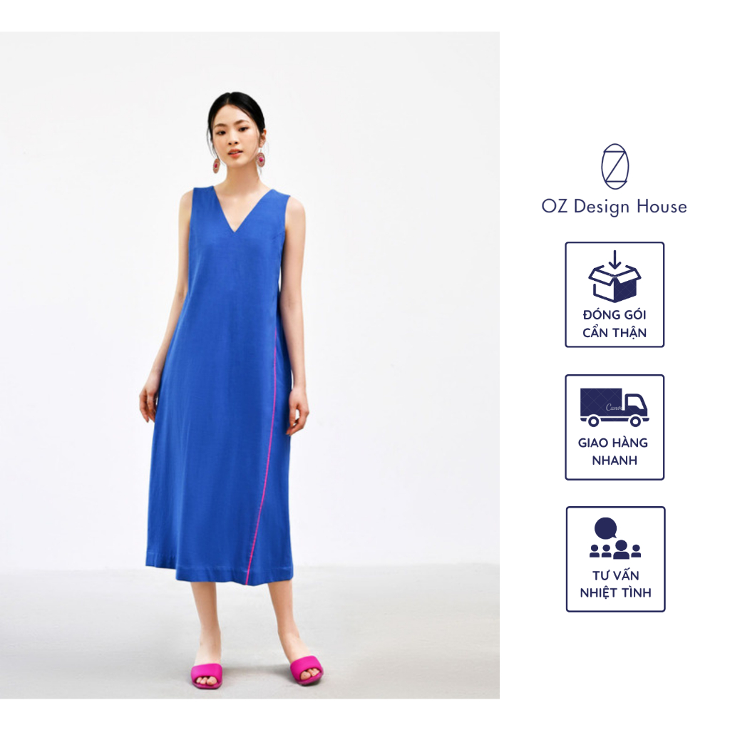 Đầm midi OZ Design House DA08398RST23 linen cổ tim màu xanh biển phối cam