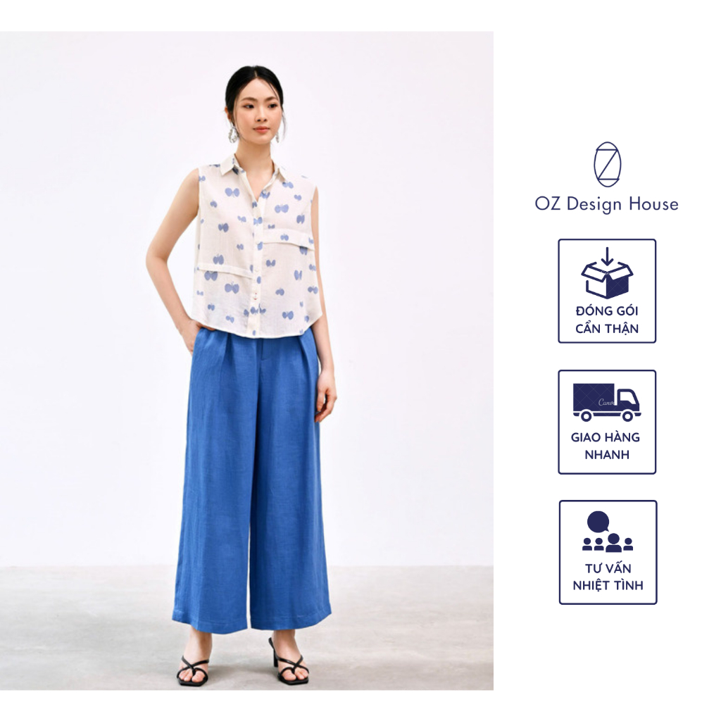 Áo nữ OZ Design House AO42440XHE23 thô xô cổ đức in họa tiết trang trí nẹp ngang màu trắng ngà