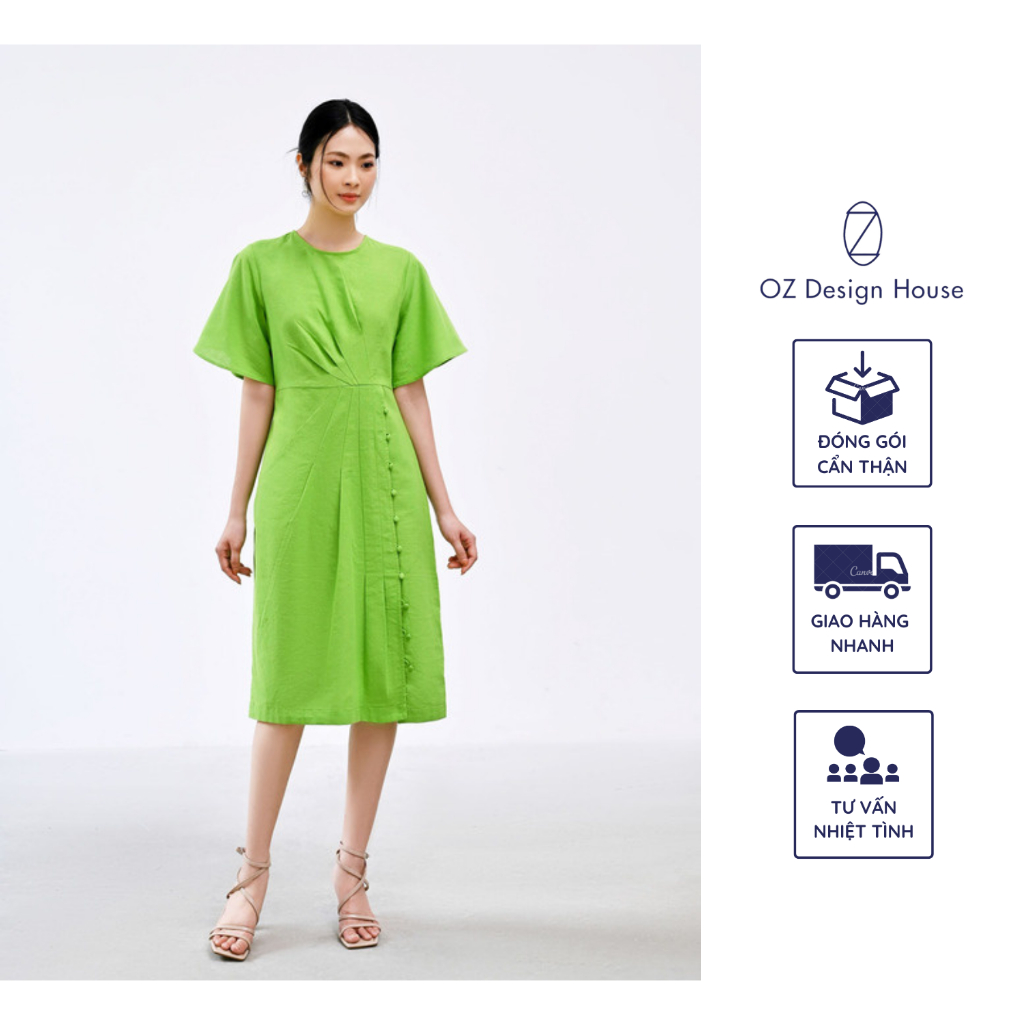 Đầm nữ OZ Design House DA20050SUM23 linen cổ tròn ly chéo lệch một bên màu xanh lá cây