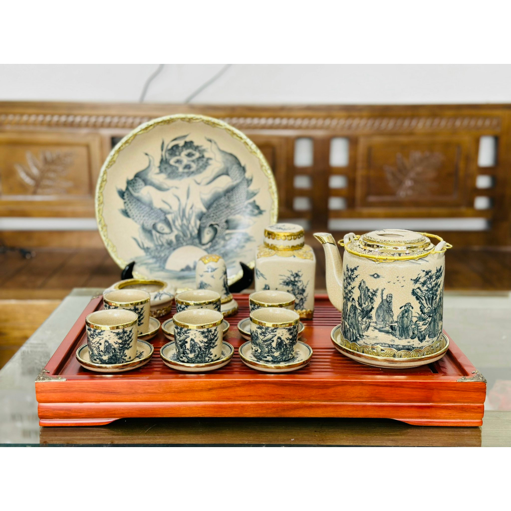 Siêu Sale - Bộ Ấm Tích 1 Lít -1,5 Lít Bát Tràng Men Rạn Bọc Đồng Vẽ Tay - Phụ Kiện 3 Món - Đĩa Phi 35cm Kèm Kệ