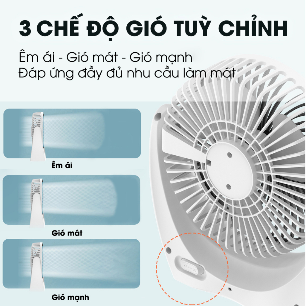 Quạt mini để bàn tích điện SIDOTECH S10 với 3 mức làm mát chống ồn pin 5 giờ xoay 210 độ pin sạc cho văn phòng mùa hè