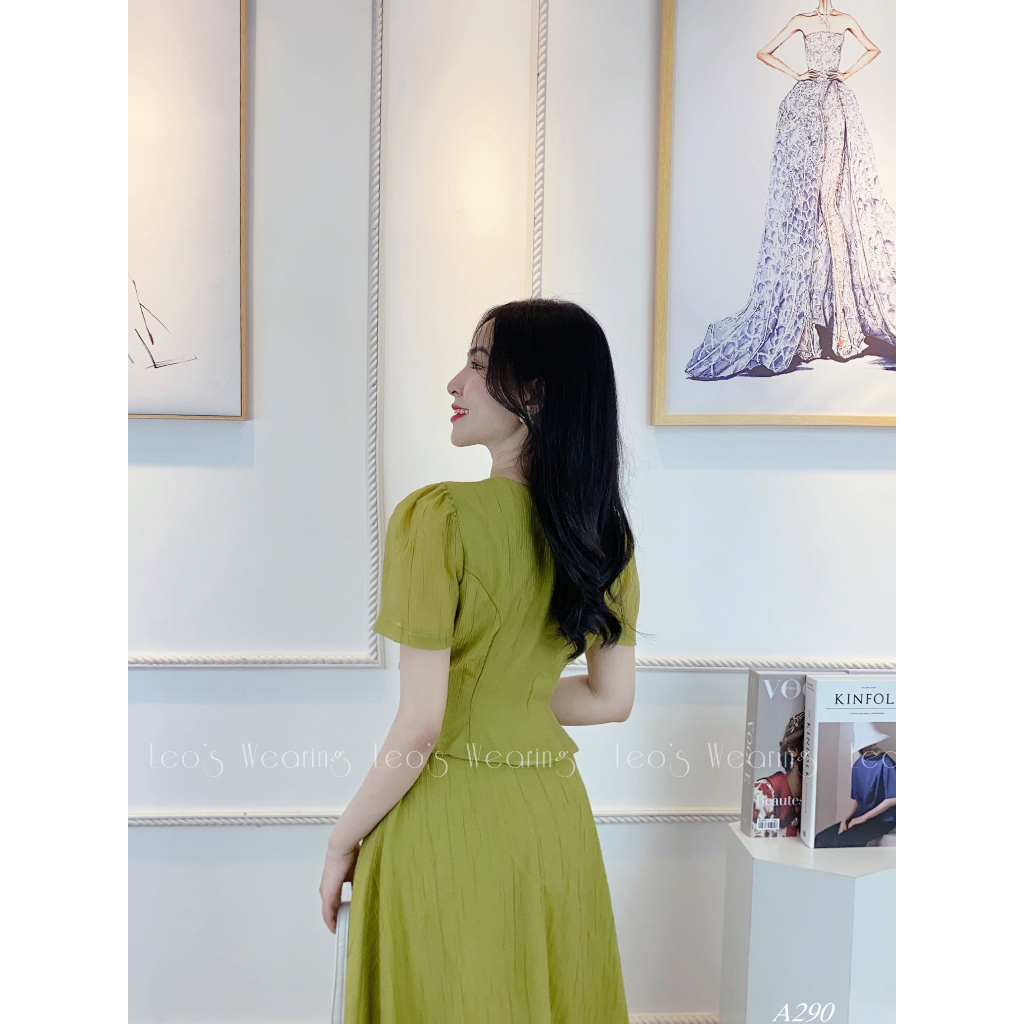 Set váy tiêu thư LEOSWEARING áo peplum mix chân váy xòe dài 2 lớp xanh bơ A290