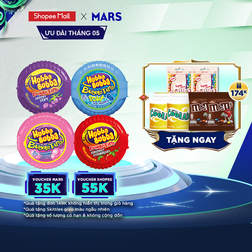 Combo 4 hộp kẹo Sing-gum Hubba Bubba mix 4 vị dâu tây, vị truyền thống, vị nho, vị mâm xôi