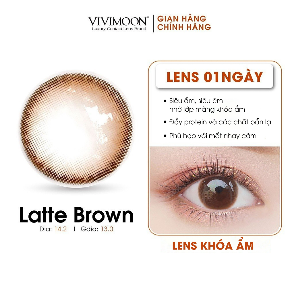 Lens khóa ẩm cận 1 ngày màu nâu tự nhiên Latte Brown kính áp tròng Vivimoon