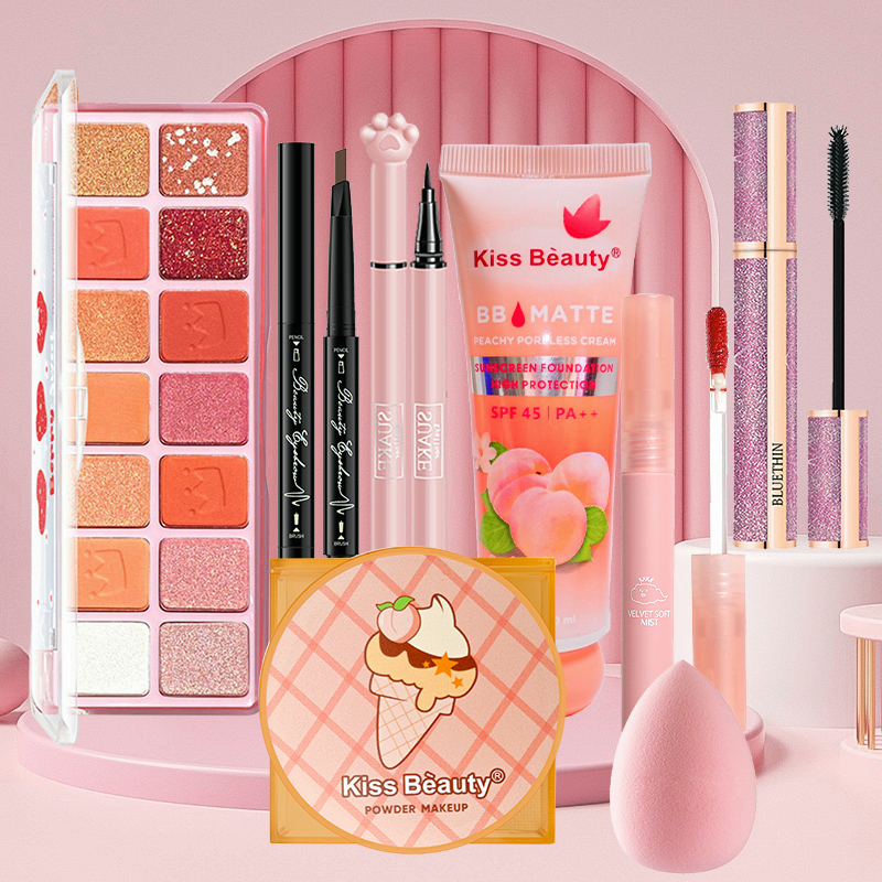 Bộ trang điểm đầy đủ 8 món kem BB, Bảng phấn mắt 14 màu, son kem, mascara, phấn nền, chì kẻ mày, bút dạ kẻ mắt