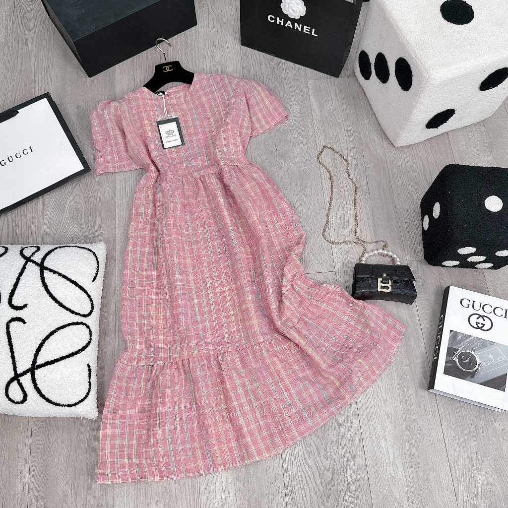 VÁY ĐẦM BABYDOLL KẺ HỒNG CARO CHẤT THÔ ĐŨI QUẢNG CHÂU CAO CẤP SIÊU XINH XẮN