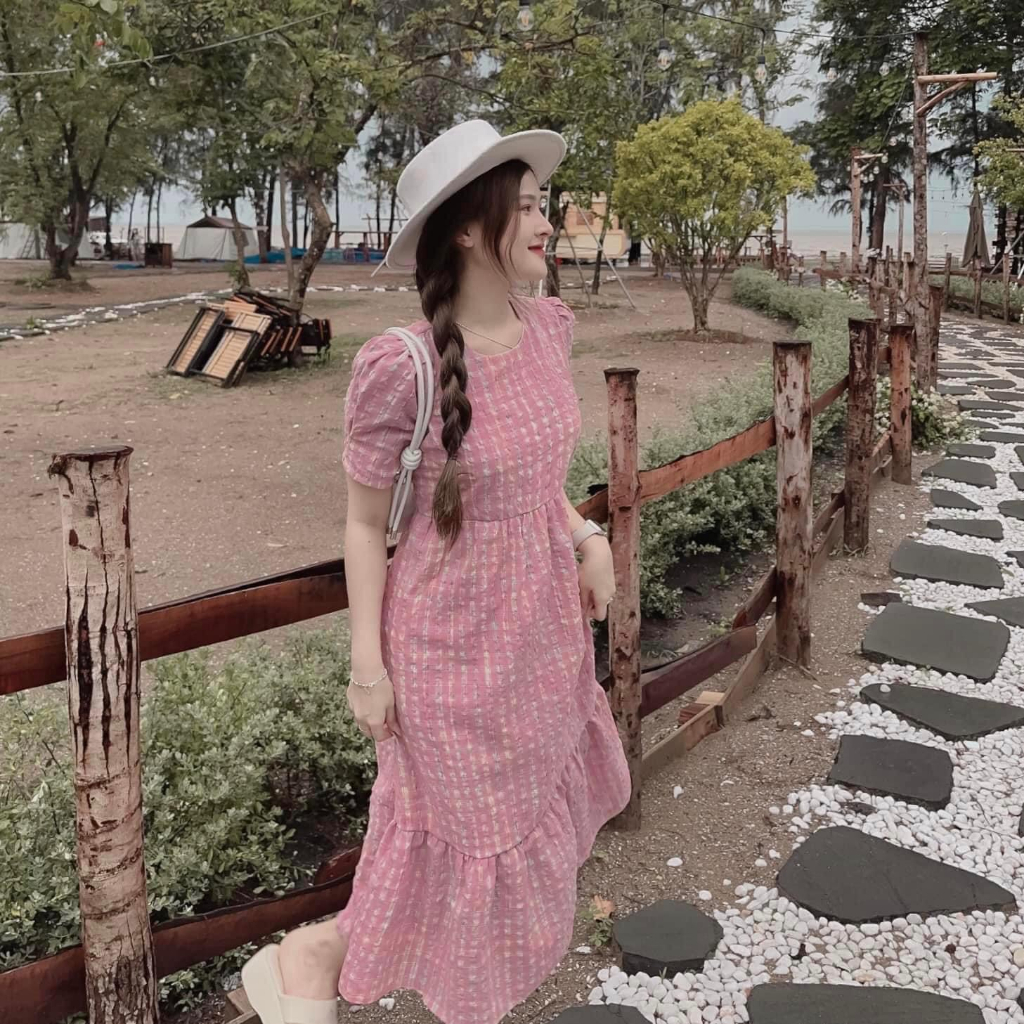 VÁY ĐẦM BABYDOLL KẺ HỒNG CARO CHẤT THÔ ĐŨI QUẢNG CHÂU CAO CẤP SIÊU XINH XẮN