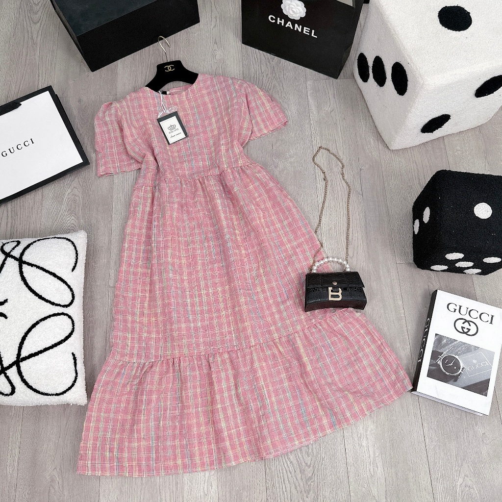 VÁY ĐẦM BABYDOLL KẺ HỒNG CARO CHẤT THÔ ĐŨI QUẢNG CHÂU CAO CẤP SIÊU XINH XẮN
