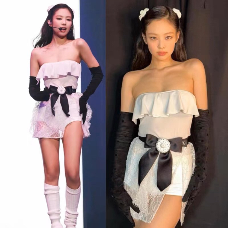 Đầm trắng thắt nơ hoa trà giống Jennie Blackpink