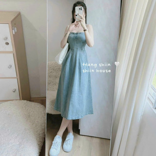 Đầm váy nữ 2 dây đơn giản chất Jean với tôn màu sang trọng dành cho các nàng diện đi chơi, đi tiệc