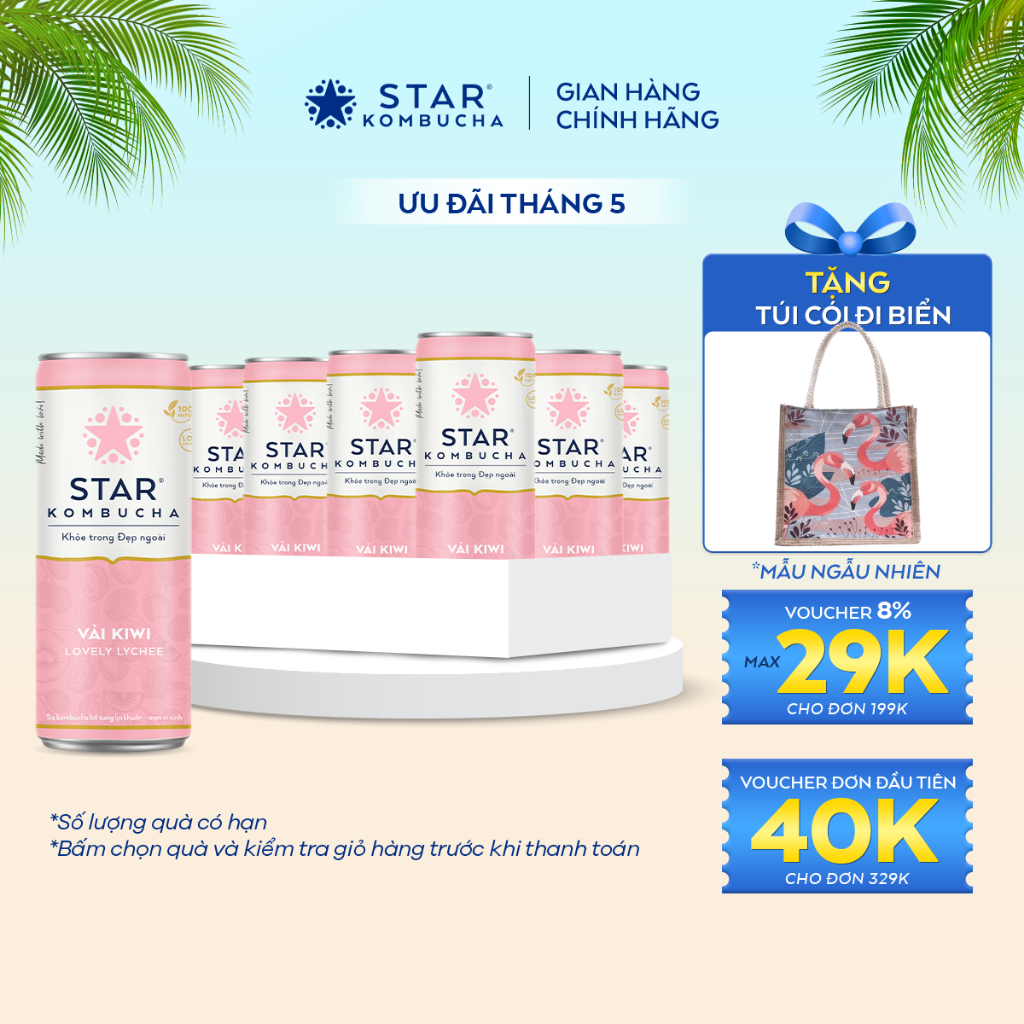 Thùng 12 lon trà lên men STAR KOMBUCHA Vải Kiwi / Lovely Lychee (250ml/lon) - Trà kombucha giảm cân chứa probiotics