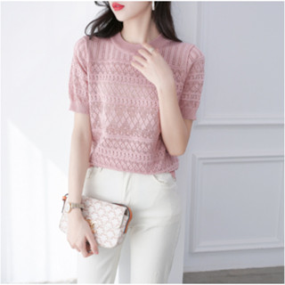 Áo Len Cộc Tay Cổ Tròn Bo Gấu, Chất liệu len mỏng mềm mát, Mặc xinh 4 mùa