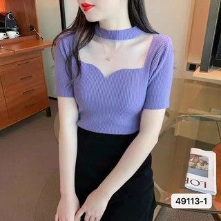Áo len nữ cộc tay dệt kim quảng châu cổ phối ren điệu đà
