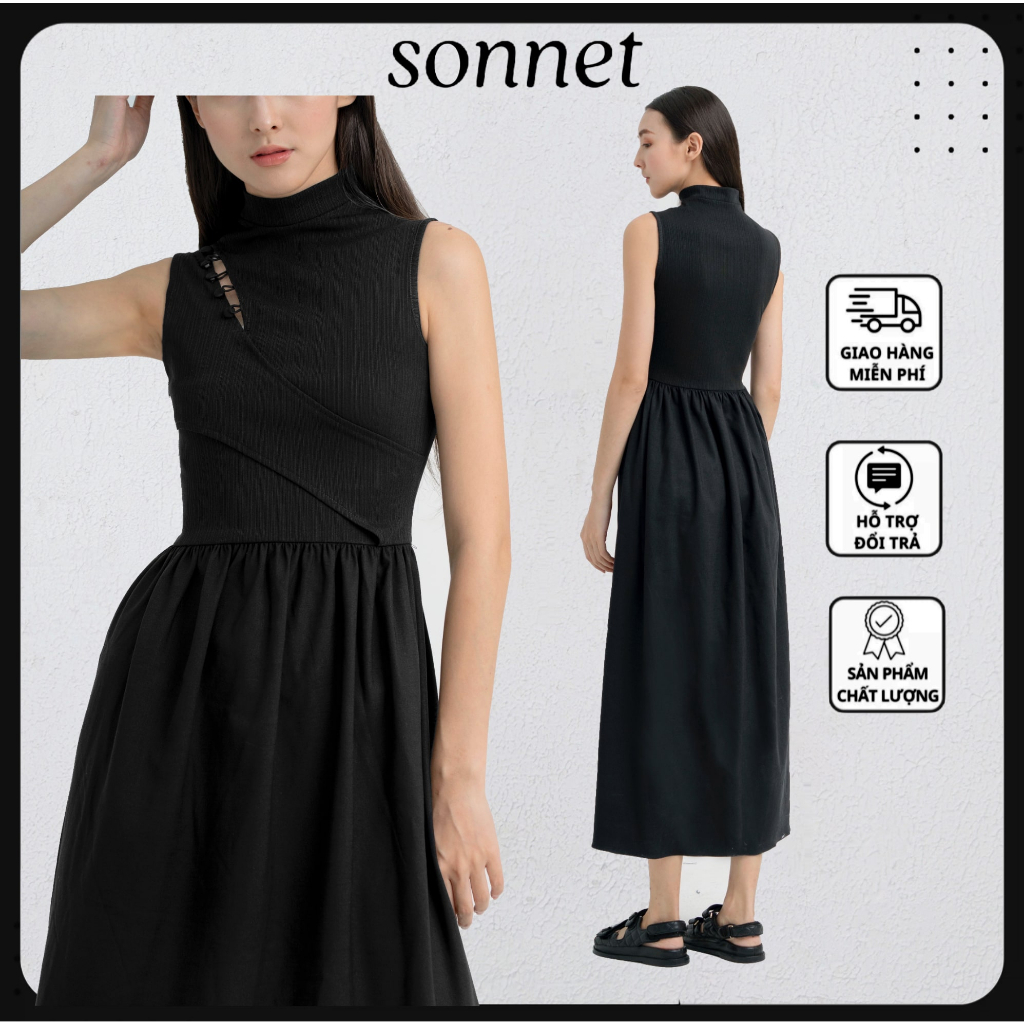 Lisa Dress - Váy dài thun gân khoét vai cổ lọ phong cách Hàn Quốc đầm dài đen thanh lịch thương hiệu Sonnet