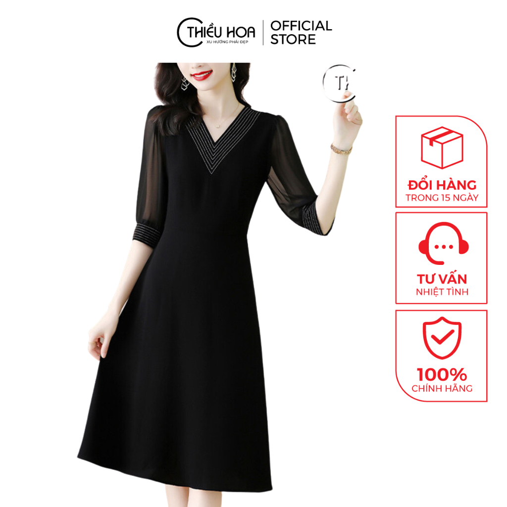 Đầm nữ trung niên cát thái thiết kế cao cấp, kiểu dáng hiện đại thanh lịch siêu tôn dáng Thiều Hoa H0423