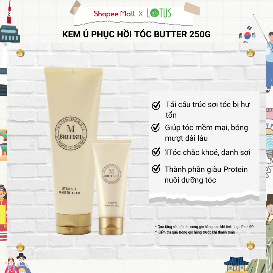 Kem ủ tóc bóng mượt phục hồi tóc hư tổn do uốn ép nhuộm, sơ rối, chẻ ngọn BRITISH M HYDRATE HAIR BUTTER - 250g