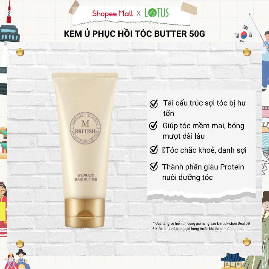 Kem ủ tóc cao cấp BRITISH M HYDRATE HAIR BUTTER phục hồi tóc hư tổn cho tóc khỏe, suôn mượt 50g