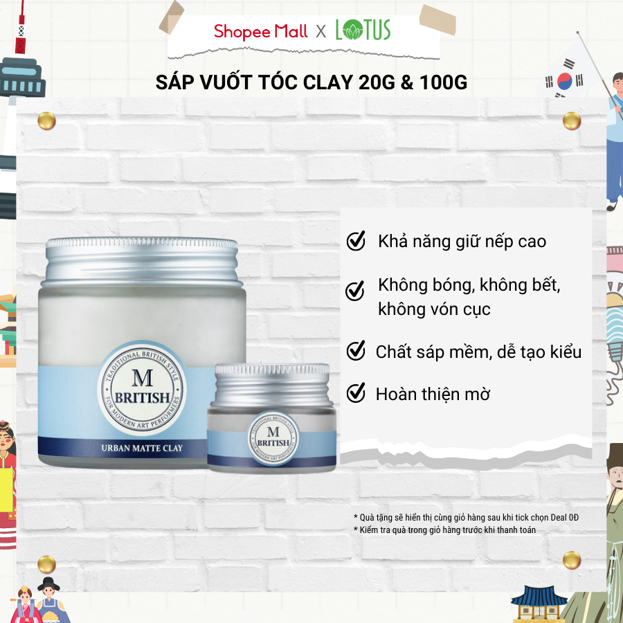 Sáp vuốt tóc cao cấp tạo kiểu linh hoạt giữ nếp cứng tốt không bóng cho nam nữ BRITISH M Urban Matte Clay 20g và 100g