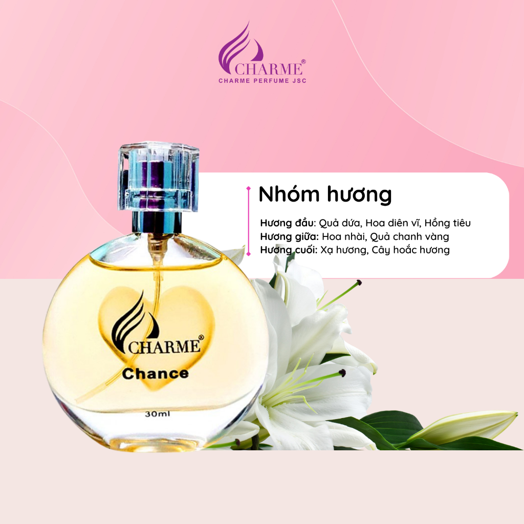 Nước hoa nữ thơm lâu, Charme Chance, mùi hương vani, mang phong cách nữ tính, gợi cảm, lưu hương lâu chai 30ml