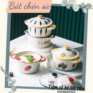 Bát chén gốm sứ họa tiết hình nồi nướng hấp bánh flan caramen cho bé ăn dặm có nắp đậy tay quai cầm đựng sốt chấm gia vị
