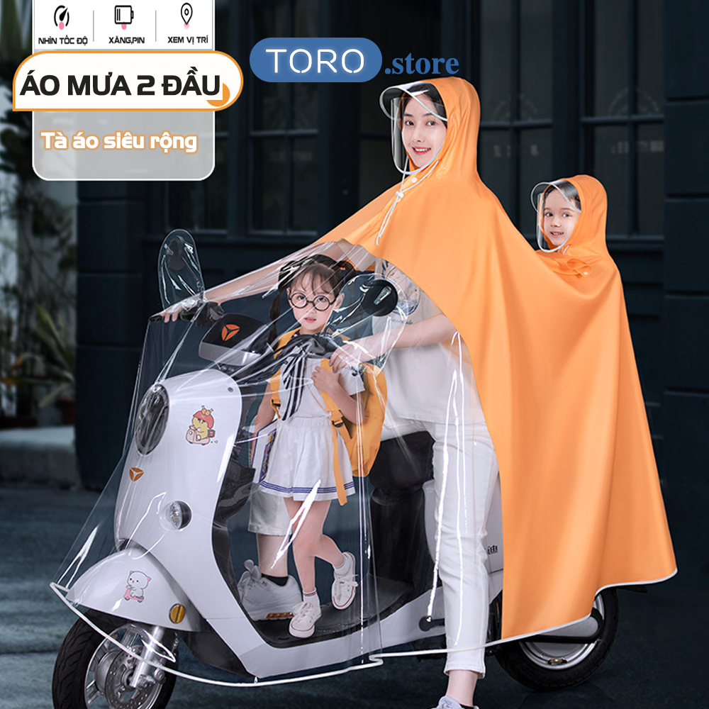 Áo mưa nửa trước trong suốt cho Mẹ và Bé có viền phản quang che phủ toàn thân, kèm kính chắn mưa.