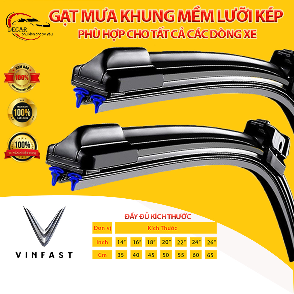 Bộ cần gạt mưa LƯỠI KÉP silicon cao cấp cho xe VINFAST, thanh gạt kính nước mưa xe hơi 2 lưỡi khung mềm
