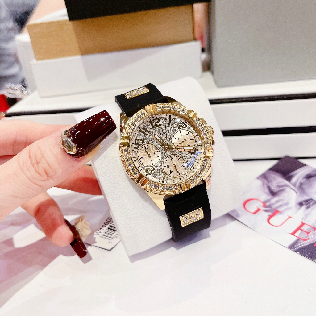 Đồng hồ nữ Guess W1160L1 Gold-Tone And Black Watch 38mm, Dây cao su, Authentic, fullbox, Luxury diamond watch
