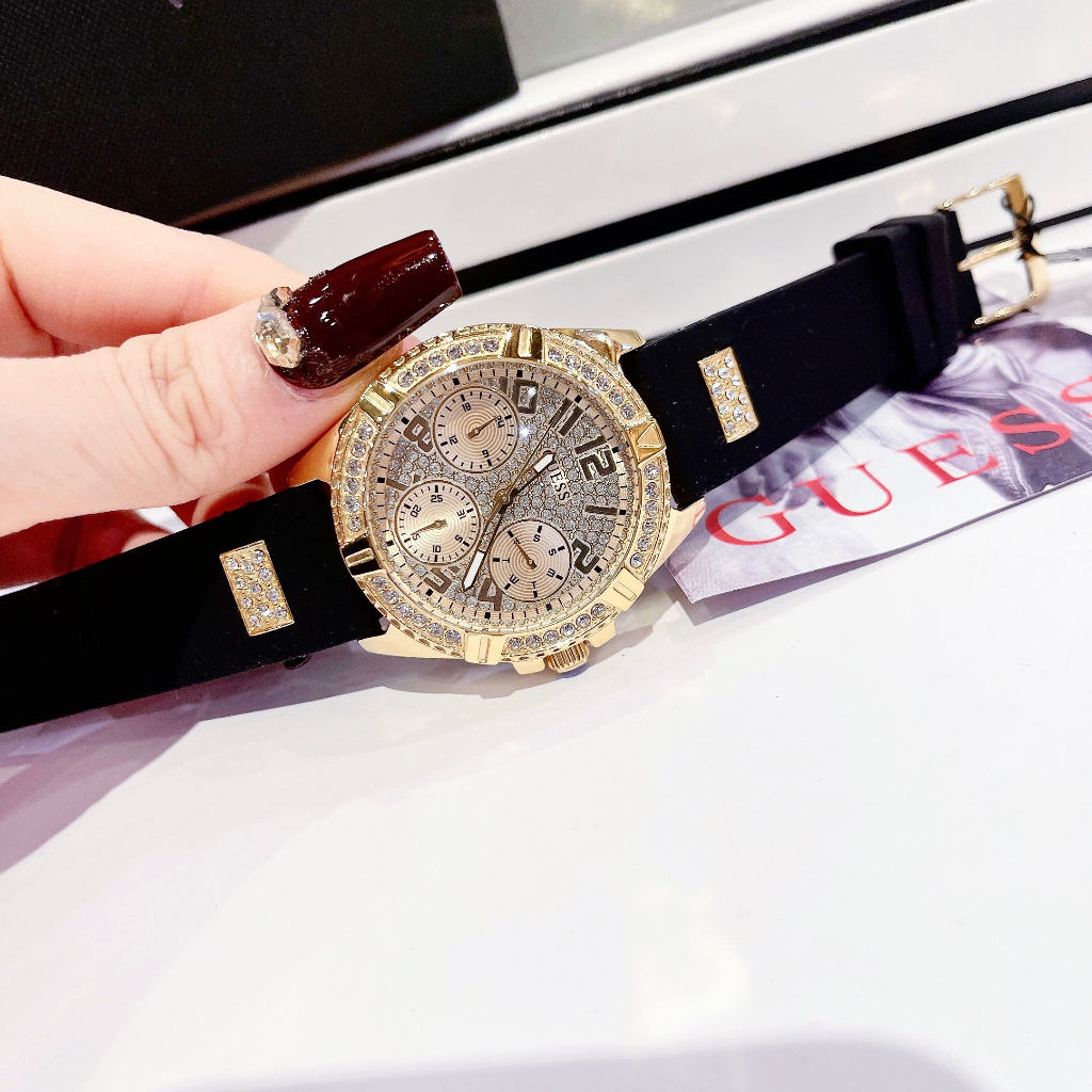 Đồng hồ nữ Guess W1160L1 Gold-Tone And Black Watch 38mm, Dây cao su, Authentic, fullbox, Luxury diamond watch